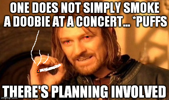 One Does Not Simply | ONE DOES NOT SIMPLY SMOKE A DOOBIE AT A CONCERT... *PUFFS; THERE'S PLANNING INVOLVED | image tagged in memes,one does not simply | made w/ Imgflip meme maker