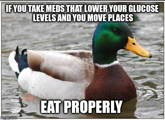 Actual Advice Mallard Meme | IF YOU TAKE MEDS THAT LOWER YOUR
GLUCOSE LEVELS AND YOU MOVE PLACES; EAT
PROPERLY | image tagged in memes,actual advice mallard,AdviceAnimals | made w/ Imgflip meme maker