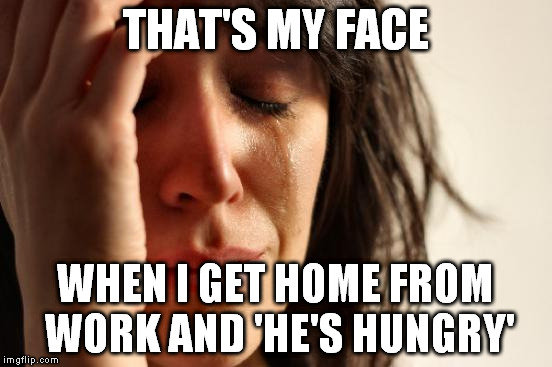 First World Problems Meme | THAT'S MY FACE WHEN I GET HOME FROM WORK AND 'HE'S HUNGRY' | image tagged in memes,first world problems | made w/ Imgflip meme maker