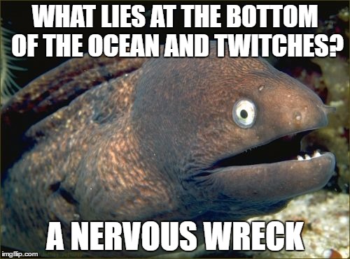 Bad Joke Eel Meme | WHAT LIES AT THE BOTTOM OF THE OCEAN AND TWITCHES? A NERVOUS WRECK | image tagged in memes,bad joke eel | made w/ Imgflip meme maker