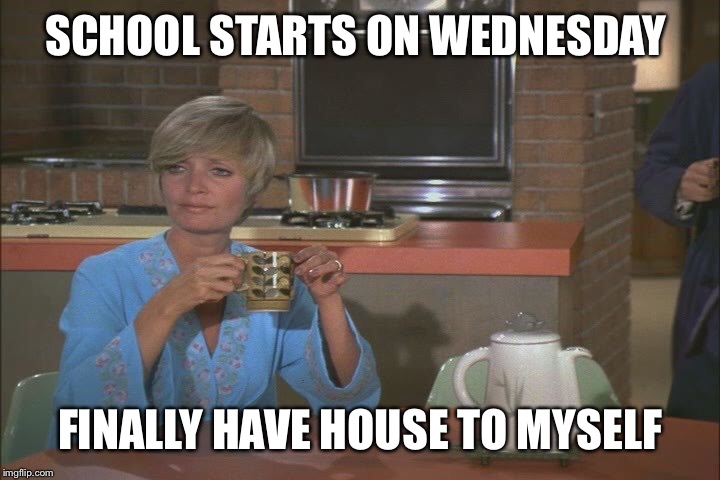 9-3 I'll be a free woman!!! | SCHOOL STARTS ON WEDNESDAY; FINALLY HAVE HOUSE TO MYSELF | image tagged in first world problems,stay at home mom | made w/ Imgflip meme maker