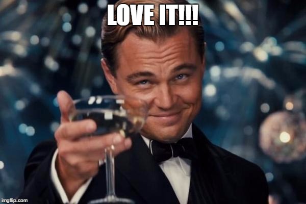 Leonardo Dicaprio Cheers Meme | LOVE IT!!! | image tagged in memes,leonardo dicaprio cheers | made w/ Imgflip meme maker