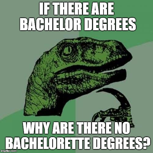 people are fighting for equal rights and i havent heard any feminists call them bachelorette degrees. | IF THERE ARE BACHELOR DEGREES; WHY ARE THERE NO BACHELORETTE DEGREES? | image tagged in memes,philosoraptor | made w/ Imgflip meme maker