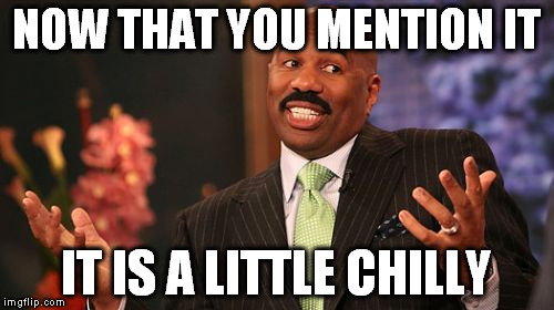 Steve Harvey Meme | NOW THAT YOU MENTION IT IT IS A LITTLE CHILLY | image tagged in memes,steve harvey | made w/ Imgflip meme maker