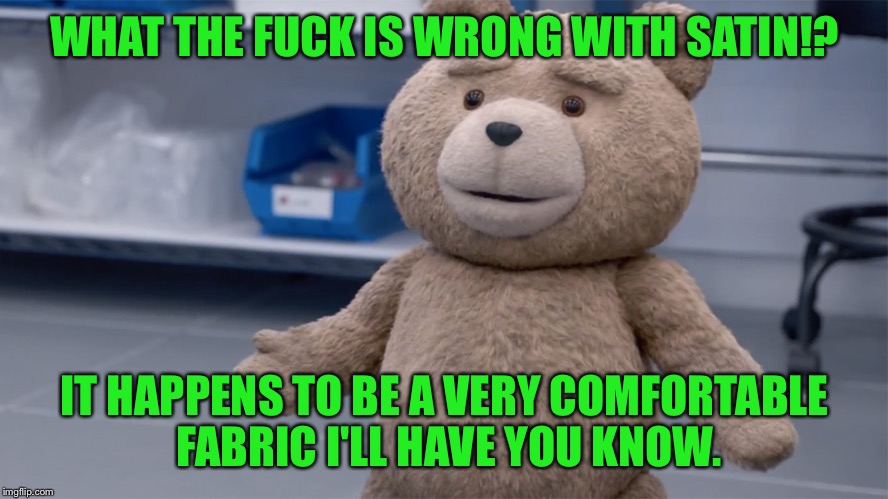 Ted Question | WHAT THE F**K IS WRONG WITH SATIN!? IT HAPPENS TO BE A VERY COMFORTABLE FABRIC I'LL HAVE YOU KNOW. | image tagged in ted question | made w/ Imgflip meme maker