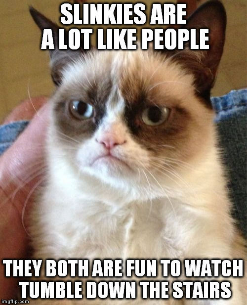 Grumpy Cat Meme | SLINKIES ARE A LOT LIKE PEOPLE; THEY BOTH ARE FUN TO WATCH TUMBLE DOWN THE STAIRS | image tagged in memes,grumpy cat | made w/ Imgflip meme maker