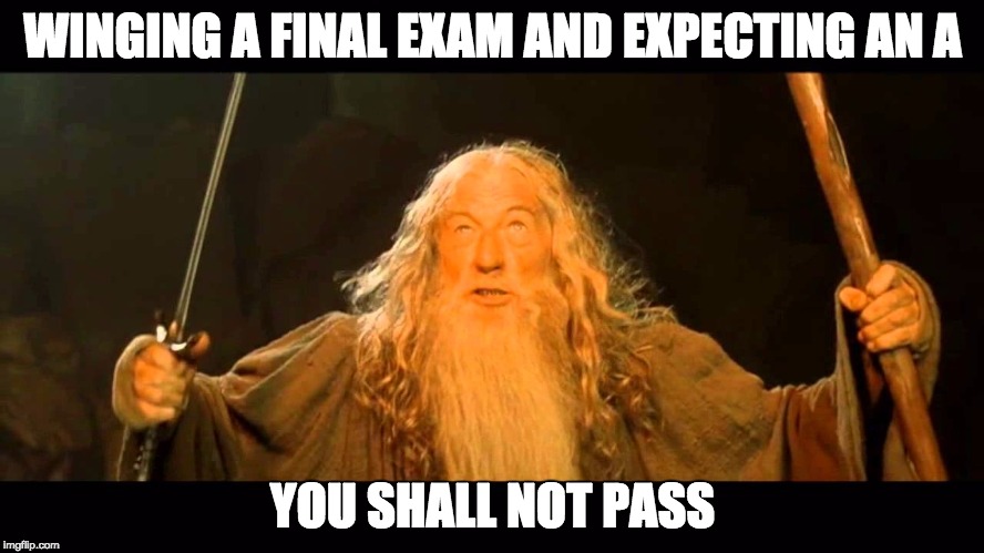 Gandalf meme | WINGING A FINAL EXAM AND EXPECTING AN A; YOU SHALL NOT PASS | image tagged in gandalf you shall not pass | made w/ Imgflip meme maker