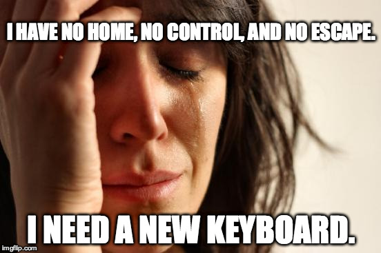 First World Problems Meme | I HAVE NO HOME, NO CONTROL, AND NO ESCAPE. I NEED A NEW KEYBOARD. | image tagged in memes,first world problems | made w/ Imgflip meme maker