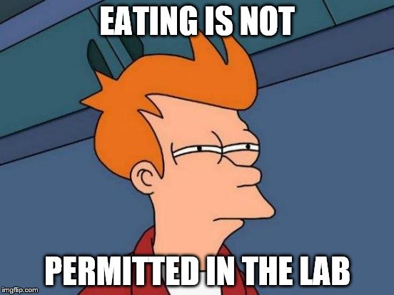 Futurama Fry Meme | EATING IS NOT; PERMITTED IN THE LAB | image tagged in memes,futurama fry | made w/ Imgflip meme maker