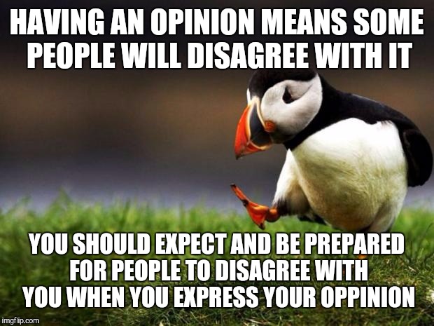 Unpopular Opinion Puffin Meme | HAVING AN OPINION MEANS SOME PEOPLE WILL DISAGREE WITH IT; YOU SHOULD EXPECT AND BE PREPARED FOR PEOPLE TO DISAGREE WITH YOU WHEN YOU EXPRESS YOUR OPPINION | image tagged in memes,unpopular opinion puffin | made w/ Imgflip meme maker