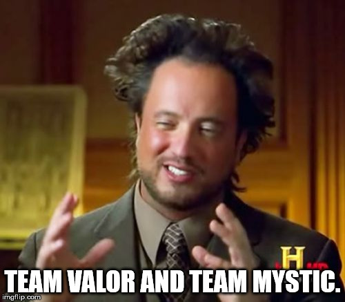 I just want to know, what is team valor and team mystic, and what does it mean? Seriously, I don't get it.  | TEAM VALOR AND TEAM MYSTIC. | image tagged in memes,ancient aliens,whatisit,seriouslywtf,help | made w/ Imgflip meme maker