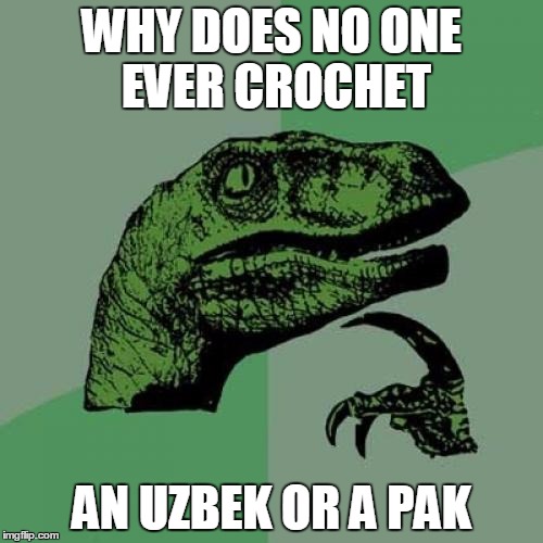 Why does Afghanistan get all the yarn love? | WHY DOES NO ONE EVER CROCHET; AN UZBEK OR A PAK | image tagged in memes,philosoraptor,afghanistan,uzbekistan,pakistan,crochet | made w/ Imgflip meme maker