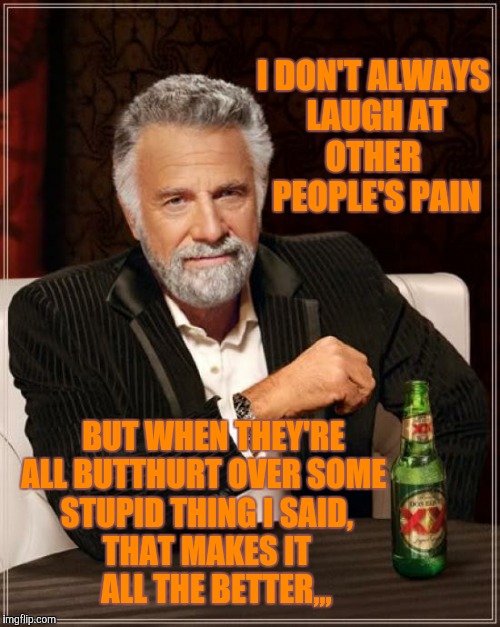 The Most Interesting Man In The World Meme | I DON'T ALWAYS  LAUGH AT    OTHER      PEOPLE'S PAIN; BUT WHEN THEY'RE  ALL BUTTHURT OVER SOME   STUPID THING I SAID,       THAT MAKES IT              ALL THE BETTER,,, | image tagged in memes,the most interesting man in the world | made w/ Imgflip meme maker