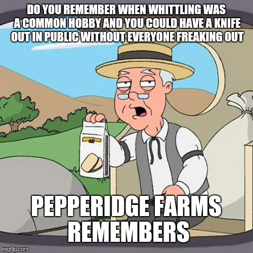 We have become super paranoid | DO YOU REMEMBER WHEN WHITTLING WAS A COMMON HOBBY AND YOU COULD HAVE A KNIFE OUT IN PUBLIC WITHOUT EVERYONE FREAKING OUT; PEPPERIDGE FARMS REMEMBERS | image tagged in memes,pepperidge farm remembers | made w/ Imgflip meme maker