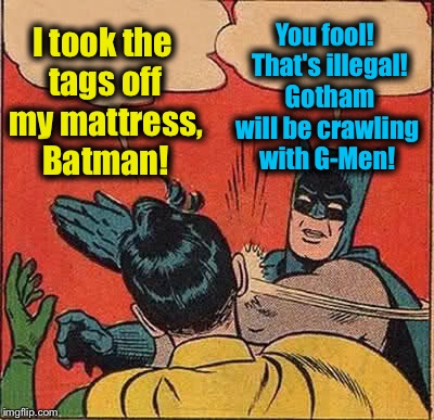 Batman Slapping Robin Meme | I took the tags off my mattress, Batman! You fool!  That's illegal!  Gotham will be crawling with G-Men! | image tagged in memes,batman slapping robin,evilmandoevil,funny | made w/ Imgflip meme maker