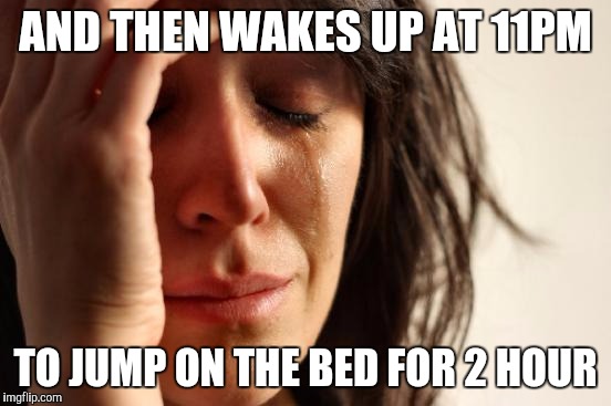 AND THEN WAKES UP AT 11PM TO JUMP ON THE BED FOR 2 HOUR | image tagged in memes,first world problems | made w/ Imgflip meme maker