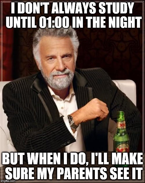 The Most Interesting Man In The World | I DON'T ALWAYS STUDY UNTIL 01:00 IN THE NIGHT; BUT WHEN I DO, I'LL MAKE SURE MY PARENTS SEE IT | image tagged in memes,the most interesting man in the world | made w/ Imgflip meme maker
