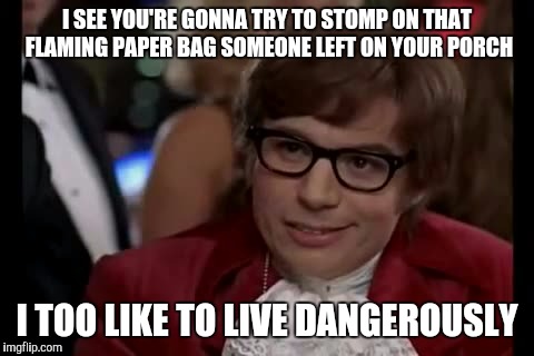 I Too Like To Live Dangerously Meme | I SEE YOU'RE GONNA TRY TO STOMP ON THAT FLAMING PAPER BAG SOMEONE LEFT ON YOUR PORCH; I TOO LIKE TO LIVE DANGEROUSLY | image tagged in memes,i too like to live dangerously | made w/ Imgflip meme maker