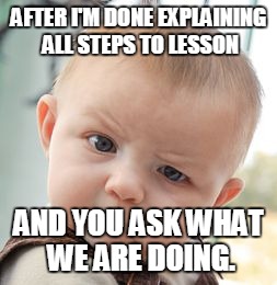 Skeptical Baby | AFTER I'M DONE EXPLAINING ALL STEPS TO LESSON; AND YOU ASK WHAT WE ARE DOING. | image tagged in memes,skeptical baby | made w/ Imgflip meme maker
