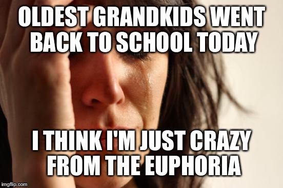First World Problems Meme | OLDEST GRANDKIDS WENT BACK TO SCHOOL TODAY I THINK I'M JUST CRAZY FROM THE EUPHORIA | image tagged in memes,first world problems | made w/ Imgflip meme maker