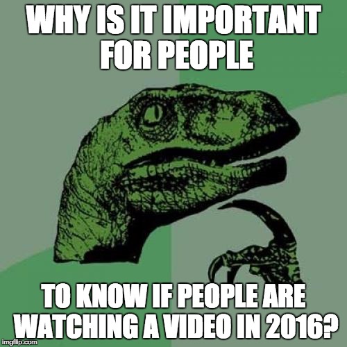 Philosoraptor | WHY IS IT IMPORTANT FOR PEOPLE; TO KNOW IF PEOPLE ARE WATCHING A VIDEO IN 2016? | image tagged in memes,philosoraptor | made w/ Imgflip meme maker