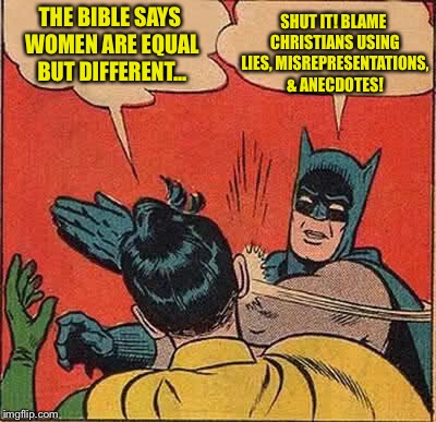 Batman Slapping Robin Meme | THE BIBLE SAYS WOMEN ARE EQUAL BUT DIFFERENT... SHUT IT! BLAME CHRISTIANS USING LIES, MISREPRESENTATIONS, & ANECDOTES! | image tagged in memes,batman slapping robin | made w/ Imgflip meme maker