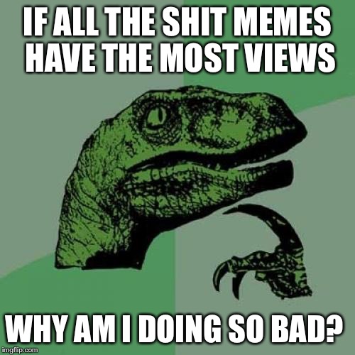 Now I know I have no talent  | IF ALL THE SHIT MEMES HAVE THE MOST VIEWS; WHY AM I DOING SO BAD? | image tagged in memes,philosoraptor,not funny | made w/ Imgflip meme maker