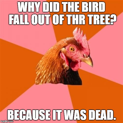 R.I.P | WHY DID THE BIRD FALL OUT OF THR TREE? BECAUSE IT WAS DEAD. | image tagged in memes,anti joke chicken | made w/ Imgflip meme maker