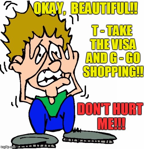 don't hit me | OKAY,  BEAUTIFUL!! T - TAKE THE VISA AND G - GO SHOPPING!! DON'T HURT ME!!! | image tagged in don't hit me | made w/ Imgflip meme maker