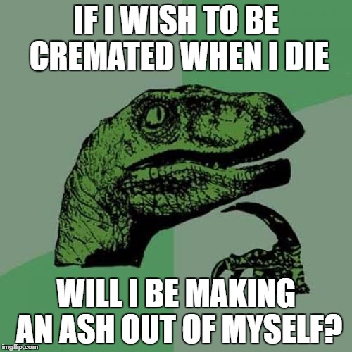 Philosoraptor Meme | IF I WISH TO BE CREMATED WHEN I DIE; WILL I BE MAKING AN ASH OUT OF MYSELF? | image tagged in memes,philosoraptor | made w/ Imgflip meme maker