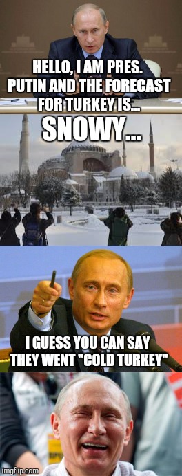 Our Lord Punny Putin | HELLO, I AM PRES. PUTIN AND THE FORECAST FOR TURKEY IS... SNOWY... I GUESS YOU CAN SAY THEY WENT "COLD TURKEY" | image tagged in putin,puns,memes,turkey | made w/ Imgflip meme maker
