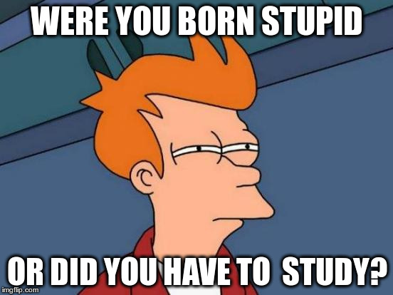 Futurama Fry Meme | WERE YOU BORN STUPID; OR DID YOU HAVE TO  STUDY? | image tagged in memes,futurama fry | made w/ Imgflip meme maker
