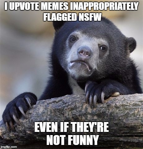 Confession Bear | I UPVOTE MEMES INAPPROPRIATELY FLAGGED NSFW; EVEN IF THEY'RE NOT FUNNY | image tagged in memes,confession bear | made w/ Imgflip meme maker
