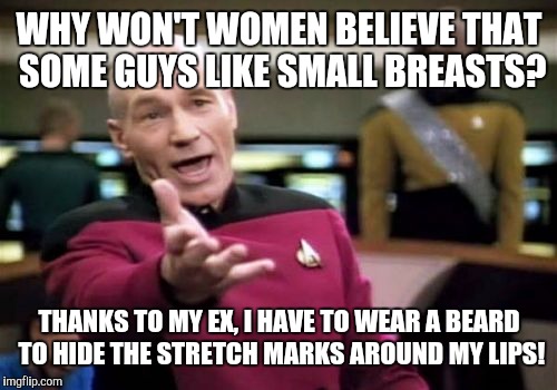 I really do prefer small breasts. I'm bothered by the self loathing small breasted women have. | WHY WON'T WOMEN BELIEVE THAT SOME GUYS LIKE SMALL BREASTS? THANKS TO MY EX, I HAVE TO WEAR A BEARD TO HIDE THE STRETCH MARKS AROUND MY LIPS! | image tagged in memes,picard wtf,breast size,nsfw | made w/ Imgflip meme maker