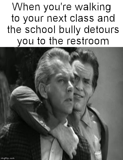 Headed for next class....never made it.... | When you're walking to your next class and the school bully detours you to the restroom | image tagged in funny memes,school,bully,restroom,punk,meme | made w/ Imgflip meme maker