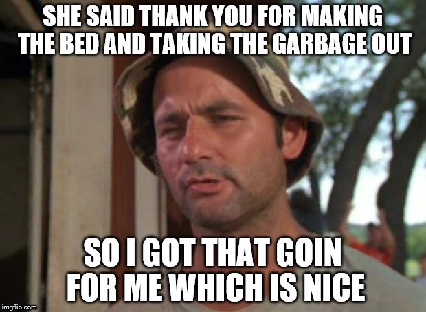 So I Got That Goin For Me Which Is Nice | SHE SAID THANK YOU FOR MAKING THE BED AND TAKING THE GARBAGE OUT; SO I GOT THAT GOIN FOR ME WHICH IS NICE | image tagged in memes,so i got that goin for me which is nice | made w/ Imgflip meme maker