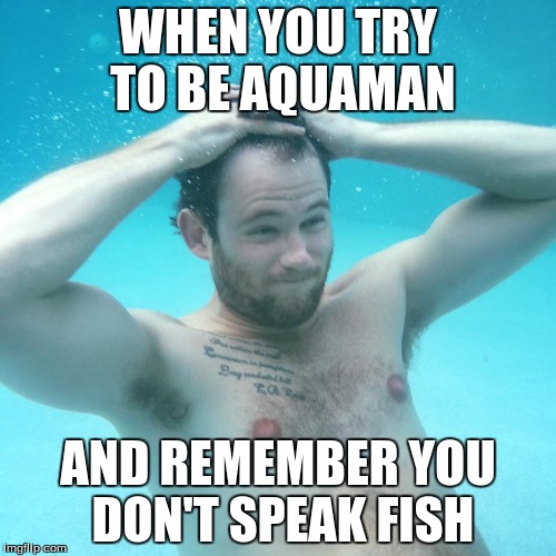 Don't Speak Fish | WHEN YOU TRY TO BE AQUAMAN; AND REMEMBER YOU DON'T SPEAK FISH | image tagged in aquaman,justice league,dc comics,underwater guy,fish | made w/ Imgflip meme maker