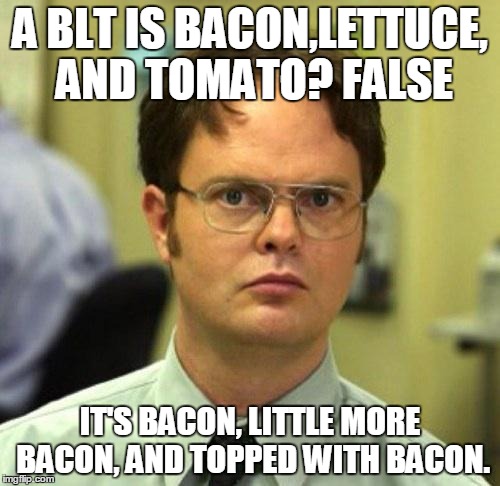 Because who likes lettuce and tomato?  |  A BLT IS BACON,LETTUCE, AND TOMATO? FALSE; IT'S BACON, LITTLE MORE BACON, AND TOPPED WITH BACON. | image tagged in false,bacon,memes,funny | made w/ Imgflip meme maker