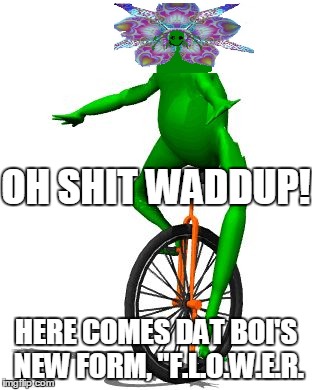 Dat Boi Meme | OH SHIT WADDUP! HERE COMES DAT BOI'S NEW FORM, "F.L.O.W.E.R. | image tagged in memes,dat boi | made w/ Imgflip meme maker