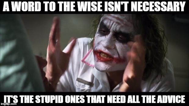 And everybody loses their minds | A WORD TO THE WISE ISN'T NECESSARY; IT'S THE STUPID ONES THAT NEED ALL THE ADVICE | image tagged in memes,and everybody loses their minds | made w/ Imgflip meme maker