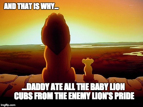 Lion King Meme | AND THAT IS WHY... ...DADDY ATE ALL THE BABY LION CUBS FROM THE ENEMY LION'S PRIDE | image tagged in memes,lion king | made w/ Imgflip meme maker