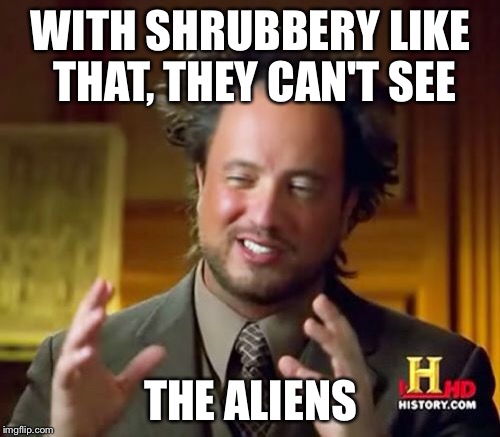 Ancient Aliens Meme | WITH SHRUBBERY LIKE THAT, THEY CAN'T SEE THE ALIENS | image tagged in memes,ancient aliens | made w/ Imgflip meme maker