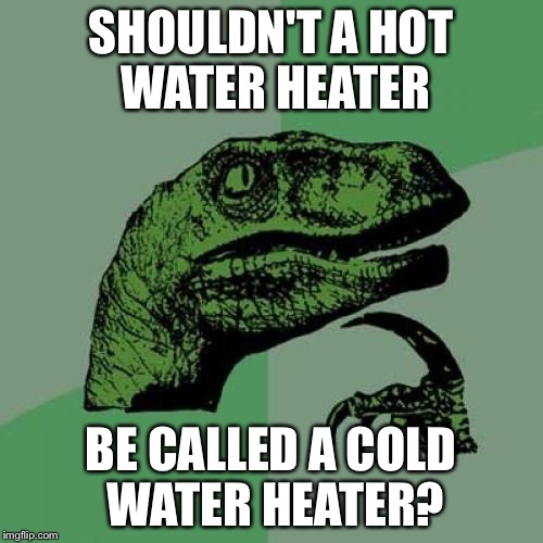 Philosoraptor Meme | SHOULDN'T A HOT WATER HEATER; BE CALLED A COLD WATER HEATER? | image tagged in memes,philosoraptor | made w/ Imgflip meme maker