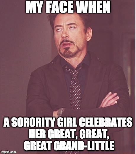 Face You Make Robert Downey Jr | MY FACE WHEN; A SORORITY GIRL CELEBRATES HER GREAT, GREAT, GREAT GRAND-LITTLE | image tagged in memes,face you make robert downey jr | made w/ Imgflip meme maker