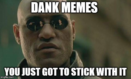 Matrix Morpheus | DANK MEMES; YOU JUST GOT TO STICK WITH IT | image tagged in memes,matrix morpheus | made w/ Imgflip meme maker