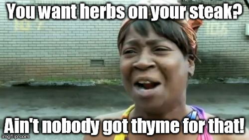 Who wants to cook? | You want herbs on your steak? Ain't nobody got thyme for that! | image tagged in memes,aint nobody got time for that | made w/ Imgflip meme maker