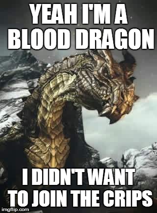 Skyrim | YEAH I'M A BLOOD DRAGON; I DIDN'T WANT TO JOIN THE CRIPS | image tagged in skyrim | made w/ Imgflip meme maker