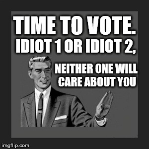 Time to Vote | TIME TO VOTE. IDIOT 1 OR IDIOT 2, NEITHER ONE WILL CARE ABOUT YOU | image tagged in memes,kill yourself guy,vote,election | made w/ Imgflip meme maker