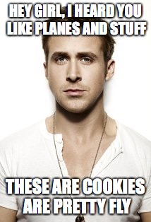 Ryan Gosling | HEY GIRL, I HEARD YOU LIKE PLANES AND STUFF; THESE ARE COOKIES ARE PRETTY FLY | image tagged in memes,ryan gosling | made w/ Imgflip meme maker