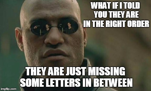 Matrix Morpheus Meme | WHAT IF I TOLD YOU THEY ARE IN THE RIGHT ORDER THEY ARE JUST MISSING SOME LETTERS IN BETWEEN | image tagged in memes,matrix morpheus | made w/ Imgflip meme maker